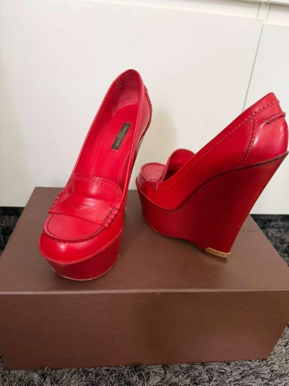 Louis Vuitton Bright Red Leather Wedge Loafer Platform Pumps